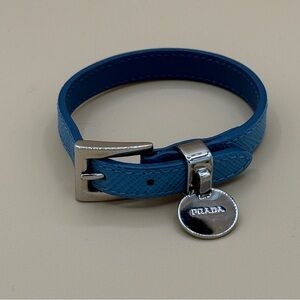 Prada Saffiano Leather Light Blue Belt Buckle Bracelet with Silver Hardware